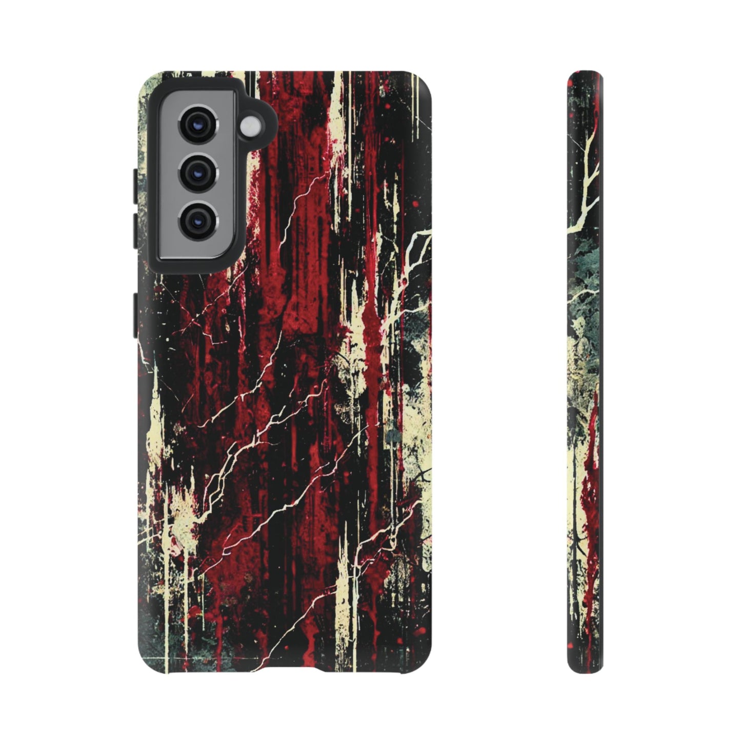 Corrosive impact-resistant phone case with distressed red, black, and bone-white design for iPhone, Samsung, and Google Pixel by NecroGrip.