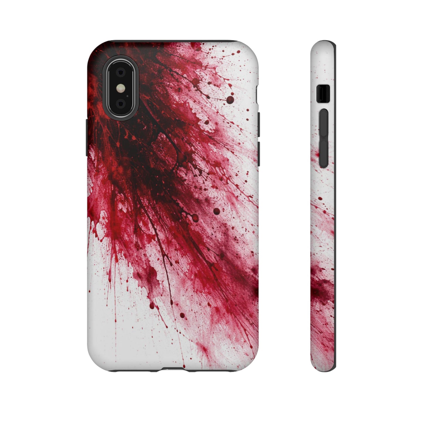 Phone case with red and white abstract design on a white background