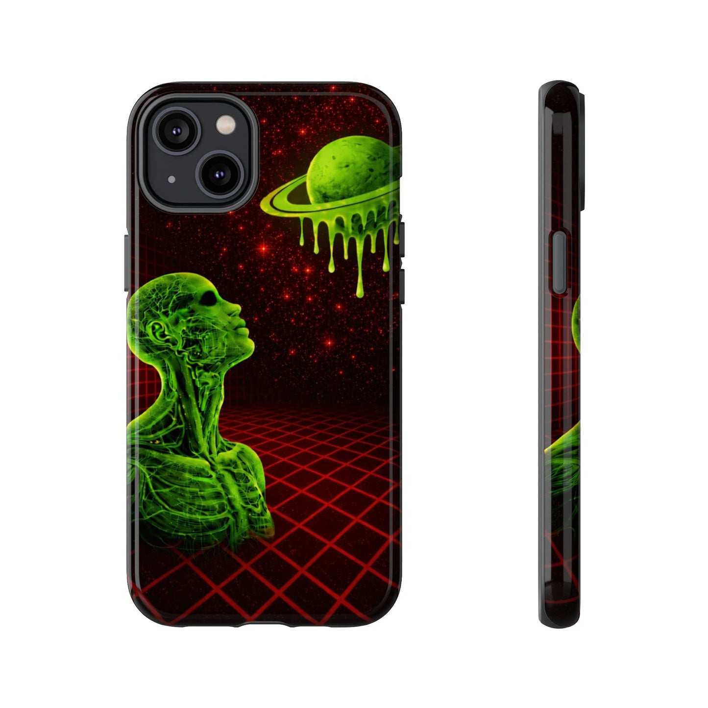 Glowing green anatomical bust gazing up at a dripping Saturn-like planet over a red grid and star-speckled space background on a black phone case.