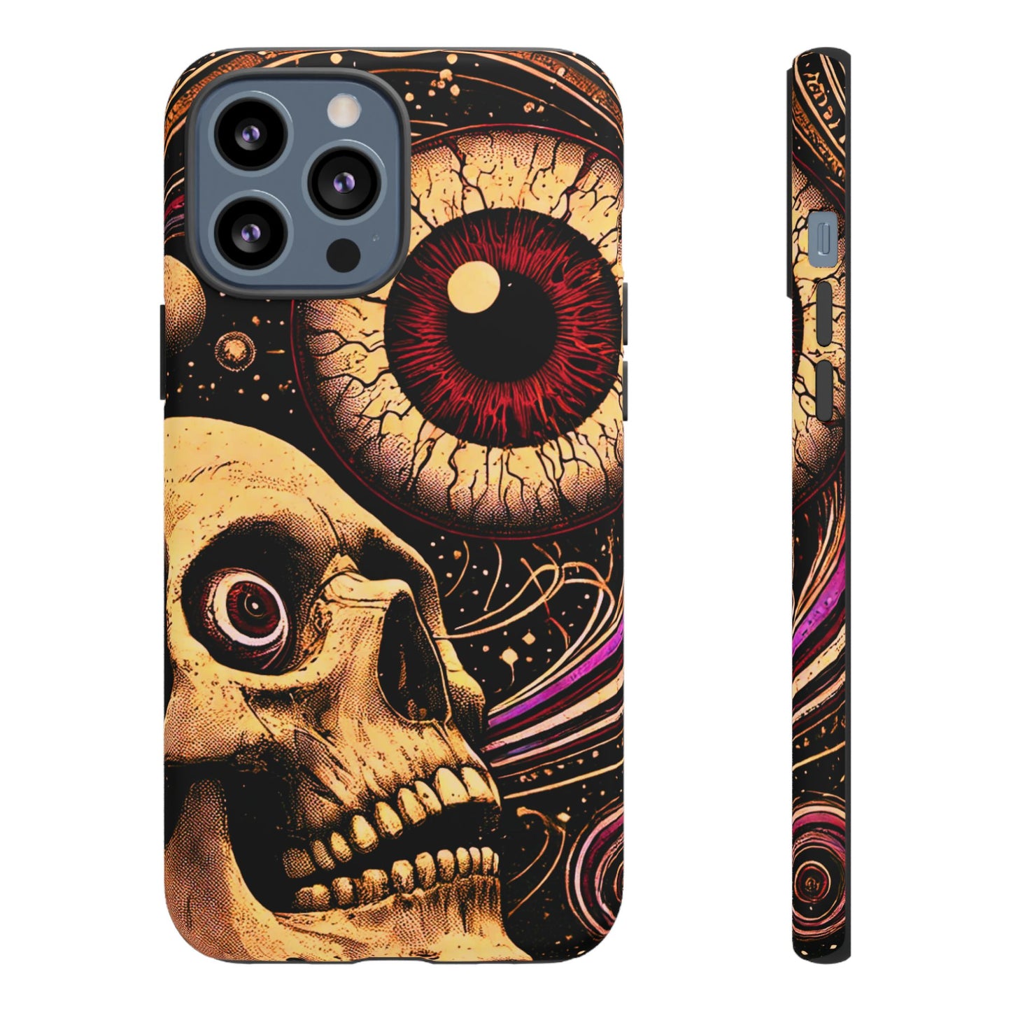 Impact-resistant tough phone case featuring a dark cosmic skull and eye design on a durable dual-layer shell by NecroGrip.