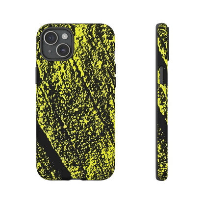 A phone case shown from the back and side, featuring a high-contrast black and neon yellow abstract textured pattern on a plain white background.