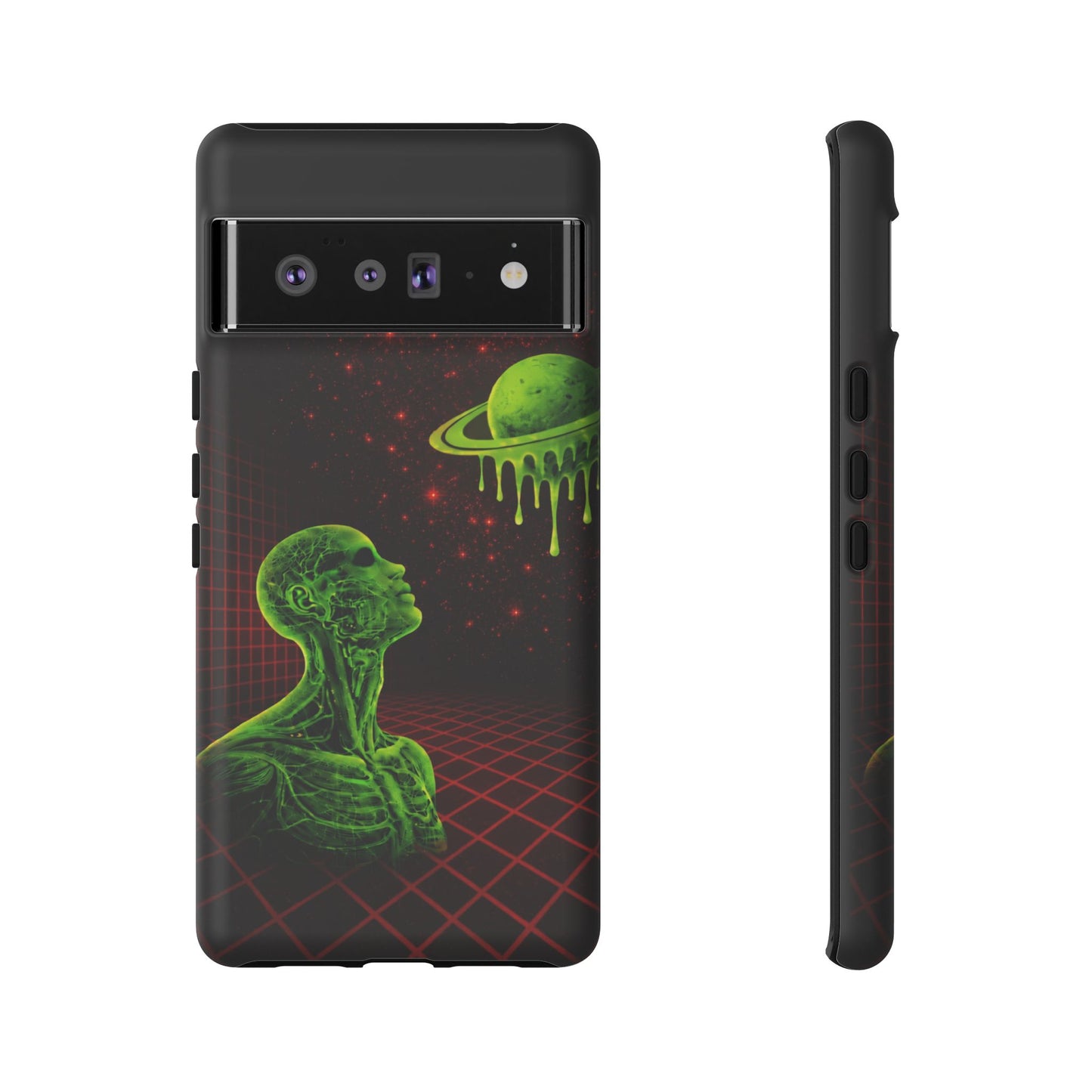 Glowing green anatomical bust gazing up at a dripping Saturn-like planet over a red grid and star-speckled space background on a black phone case.