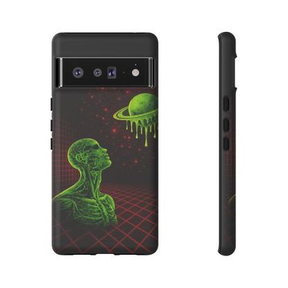 Glowing green anatomical bust gazing up at a dripping Saturn-like planet over a red grid and star-speckled space background on a black phone case.