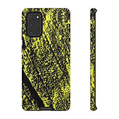 Bloom to Consume protective phone case featuring a black and toxic yellow organic decay pattern.