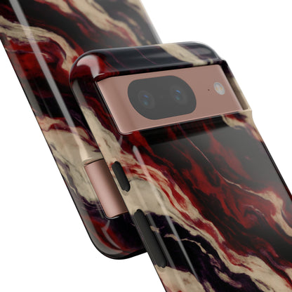 NecroGrip “Fascia” impact-resistant phone case with red, bone, and black marbled streaks, abstract muscle-like pattern on a slim dual-layer shell.