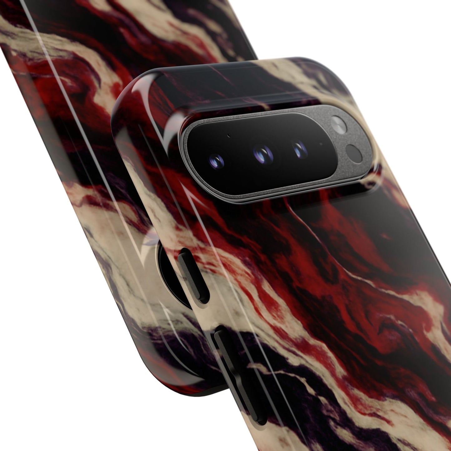 NecroGrip “Fascia” impact-resistant phone case with red, bone, and black marbled streaks, abstract muscle-like pattern on a slim dual-layer shell.
