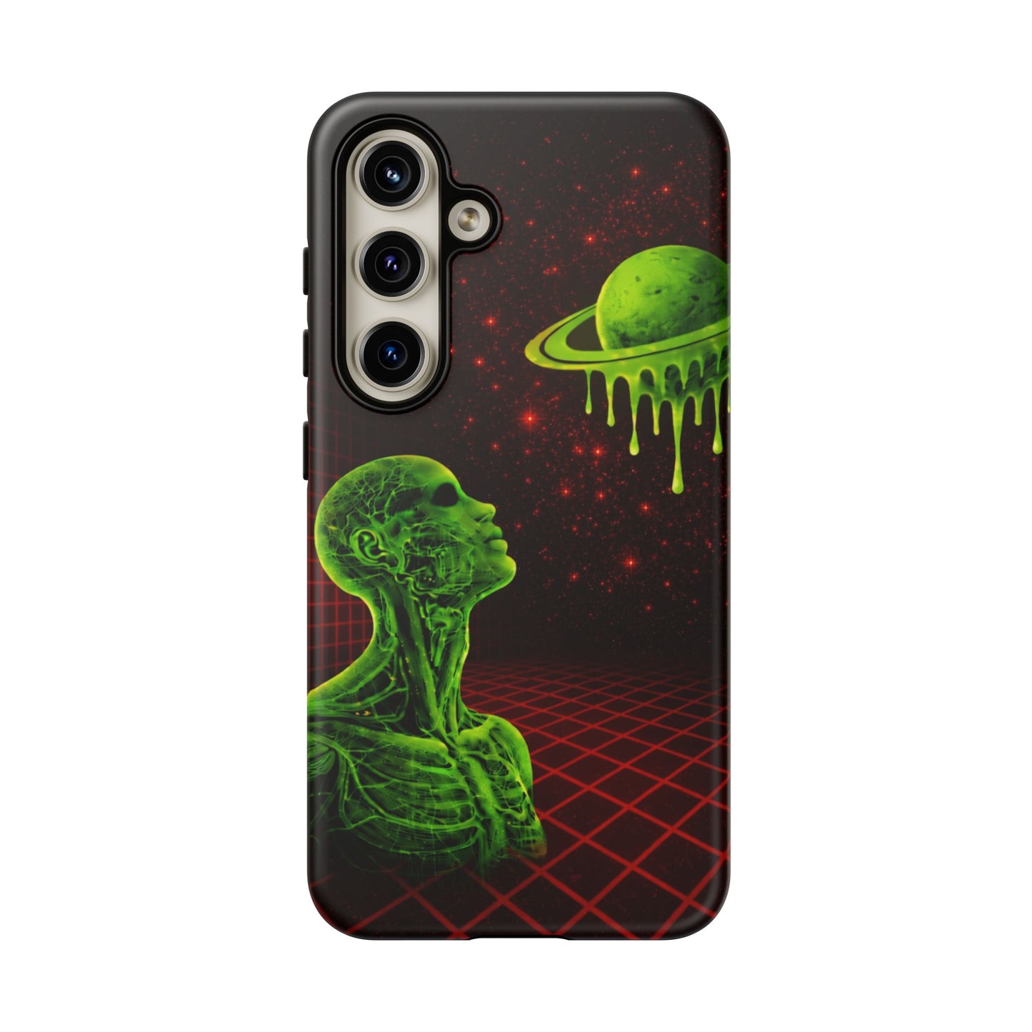 Glowing green anatomical bust gazing up at a dripping Saturn-like planet over a red grid and star-speckled space background on a black phone case.