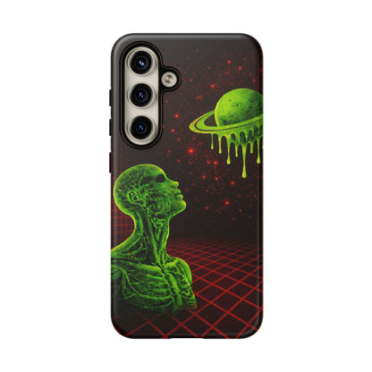 Glowing green anatomical bust gazing up at a dripping Saturn-like planet over a red grid and star-speckled space background on a black phone case.