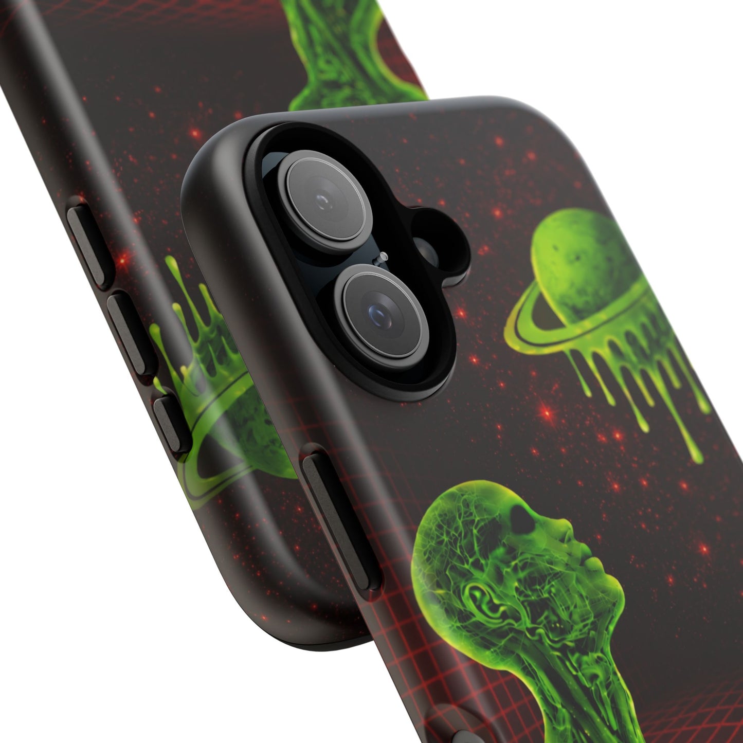 Glowing green anatomical bust gazing up at a dripping Saturn-like planet over a red grid and star-speckled space background on a black phone case.