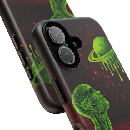 Glowing green anatomical bust gazing up at a dripping Saturn-like planet over a red grid and star-speckled space background on a black phone case.
