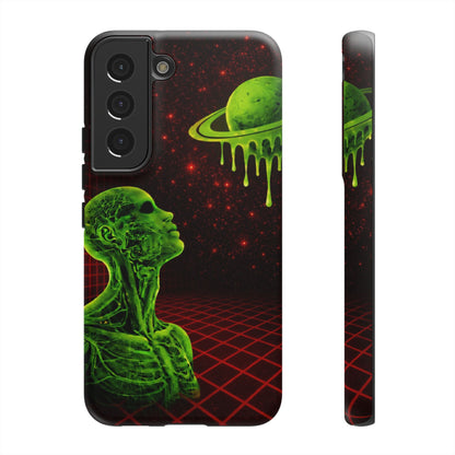 Glowing green anatomical bust gazing up at a dripping Saturn-like planet over a red grid and star-speckled space background on a black phone case.