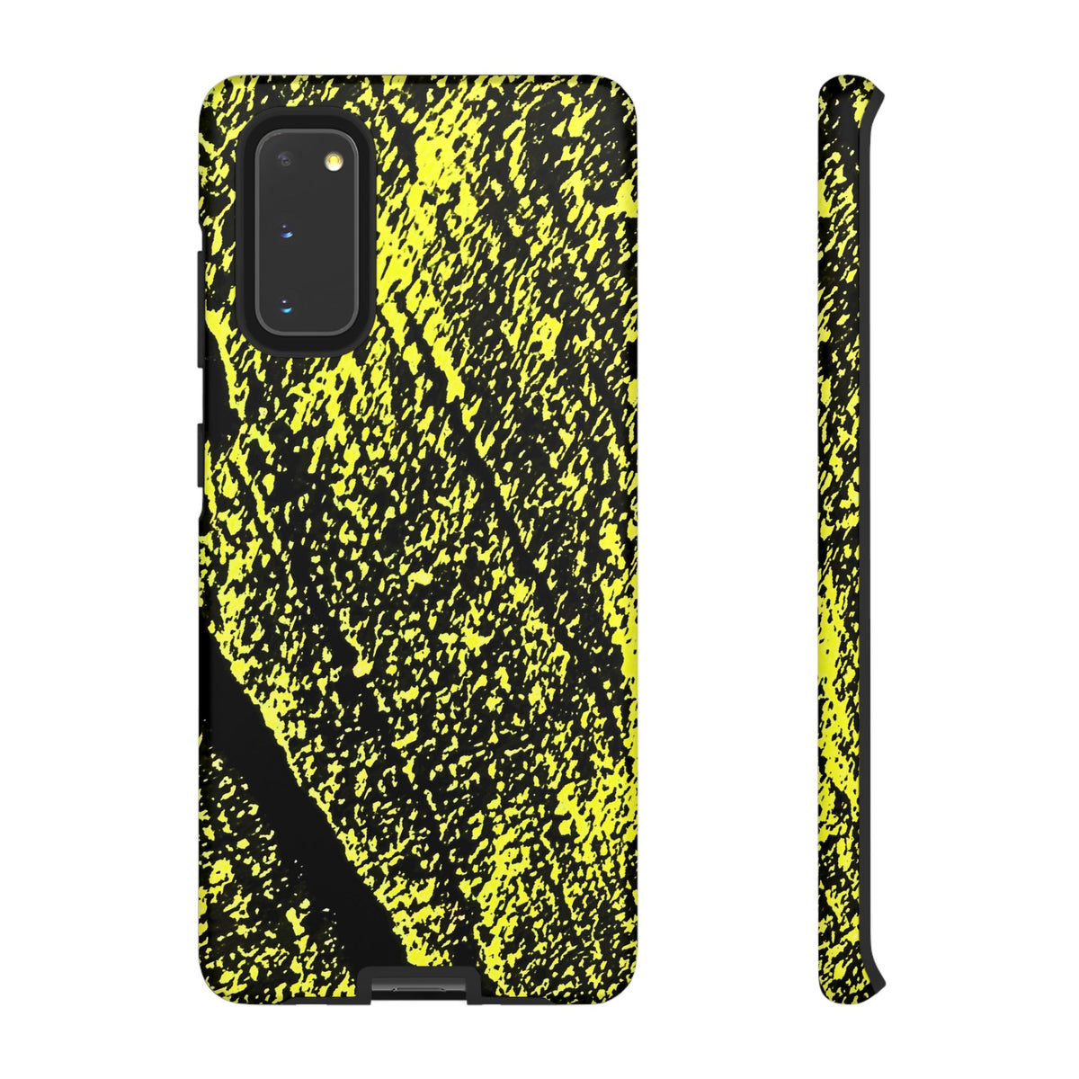 Bloom to Consume protective phone case featuring a black and toxic yellow organic decay pattern.