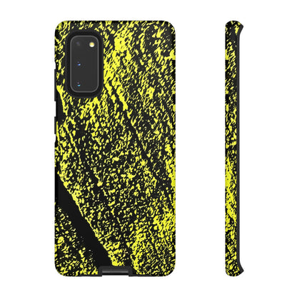 Bloom to Consume protective phone case featuring a black and toxic yellow organic decay pattern.