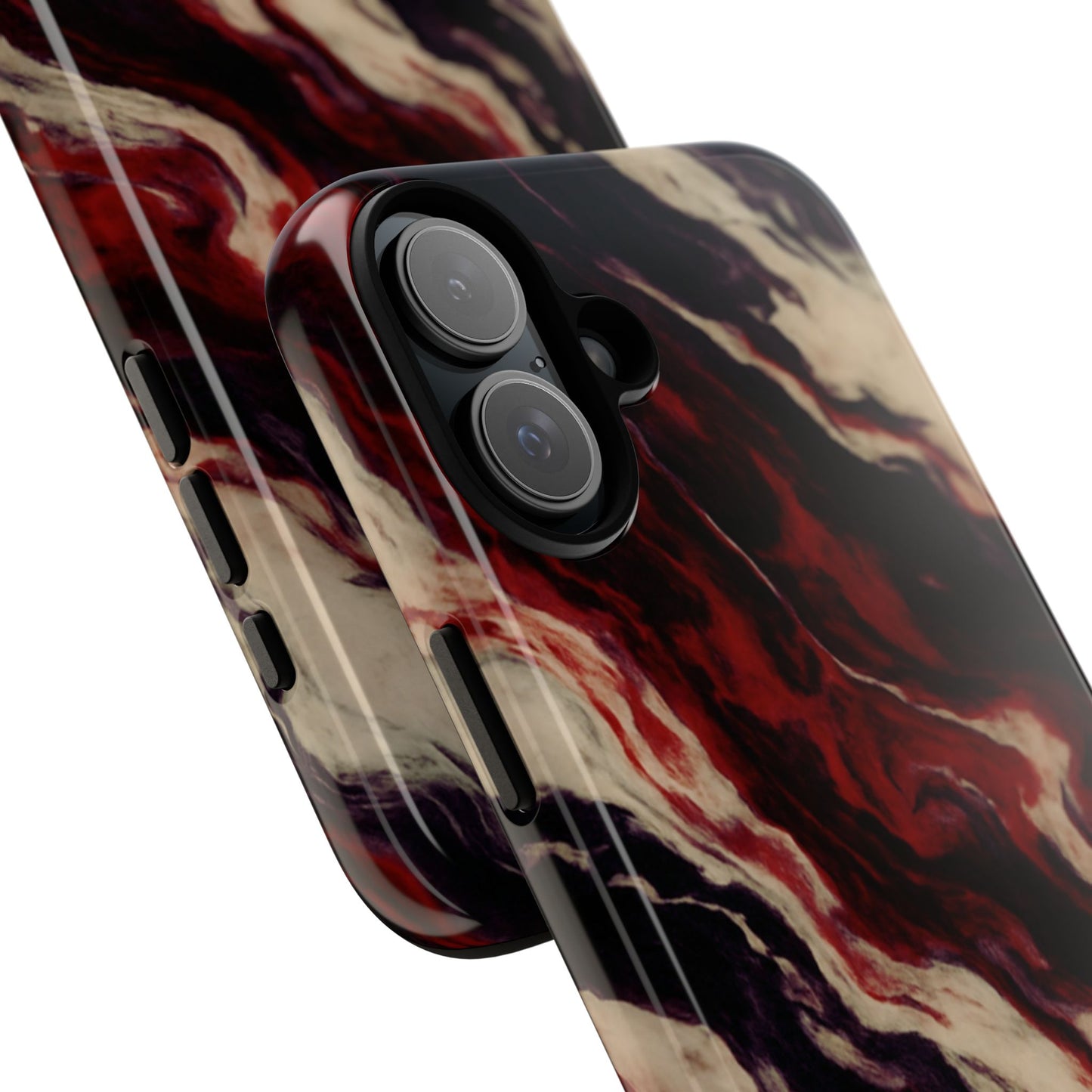 NecroGrip “Fascia” impact-resistant phone case with red, bone, and black marbled streaks, abstract muscle-like pattern on a slim dual-layer shell.