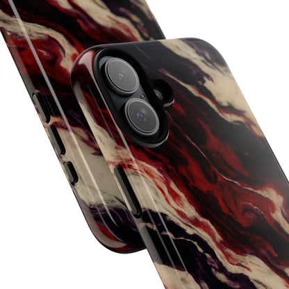 NecroGrip “Fascia” impact-resistant phone case with red, bone, and black marbled streaks, abstract muscle-like pattern on a slim dual-layer shell.