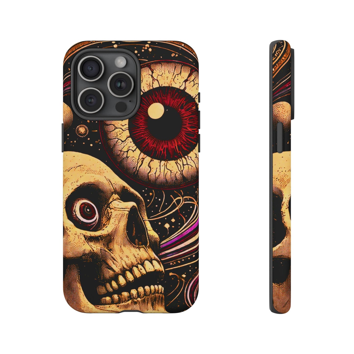 Impact-resistant tough phone case featuring a dark cosmic skull and eye design on a durable dual-layer shell by NecroGrip.