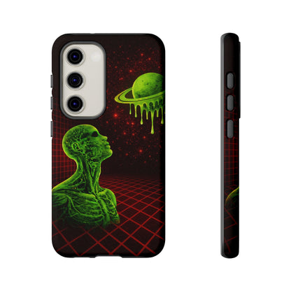 Glowing green anatomical bust gazing up at a dripping Saturn-like planet over a red grid and star-speckled space background on a black phone case.