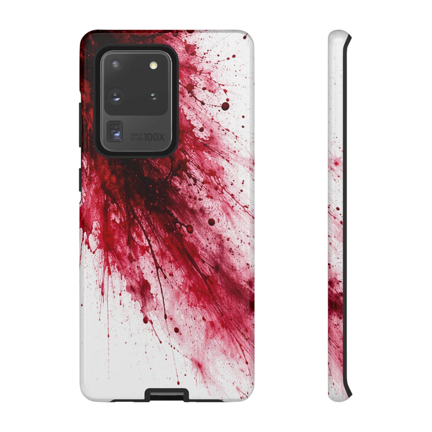 Phone case with red and white abstract design on a white background