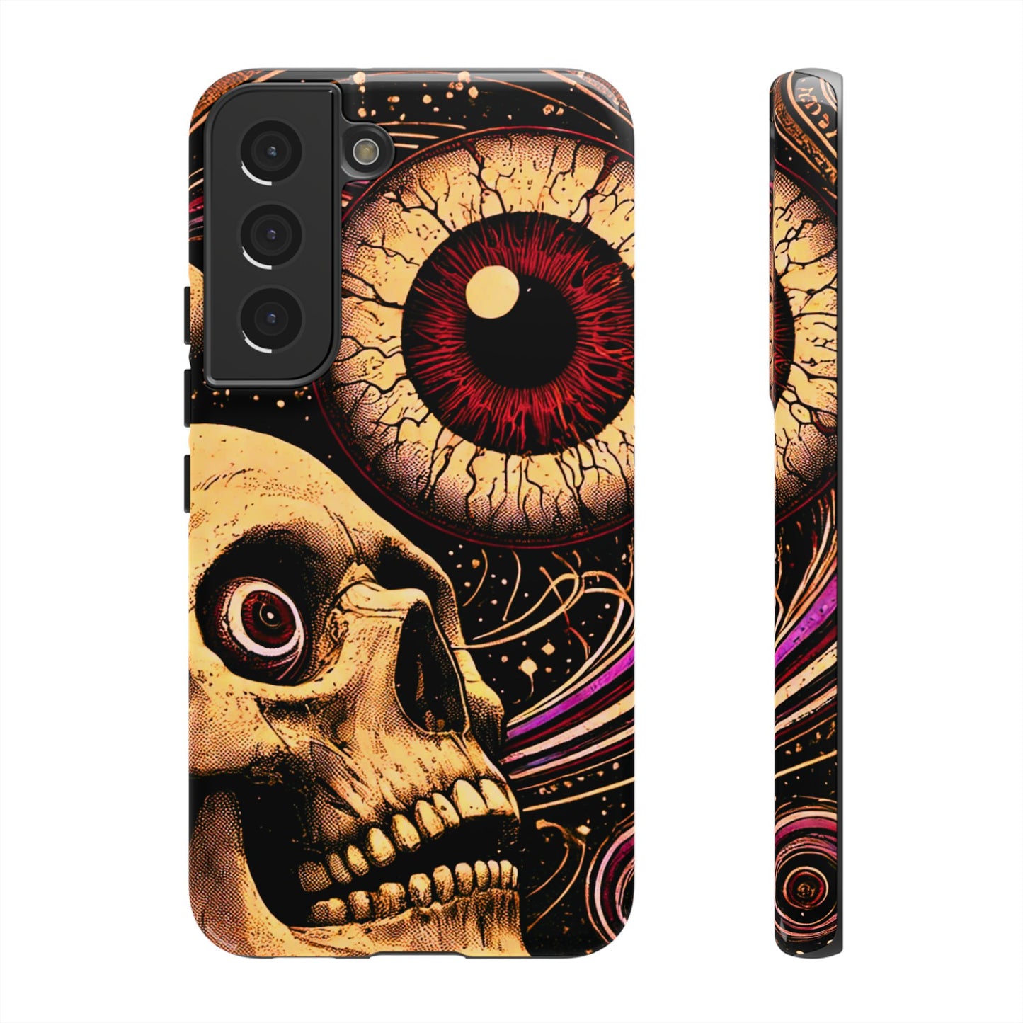 Impact-resistant tough phone case featuring a dark cosmic skull and eye design on a durable dual-layer shell by NecroGrip.