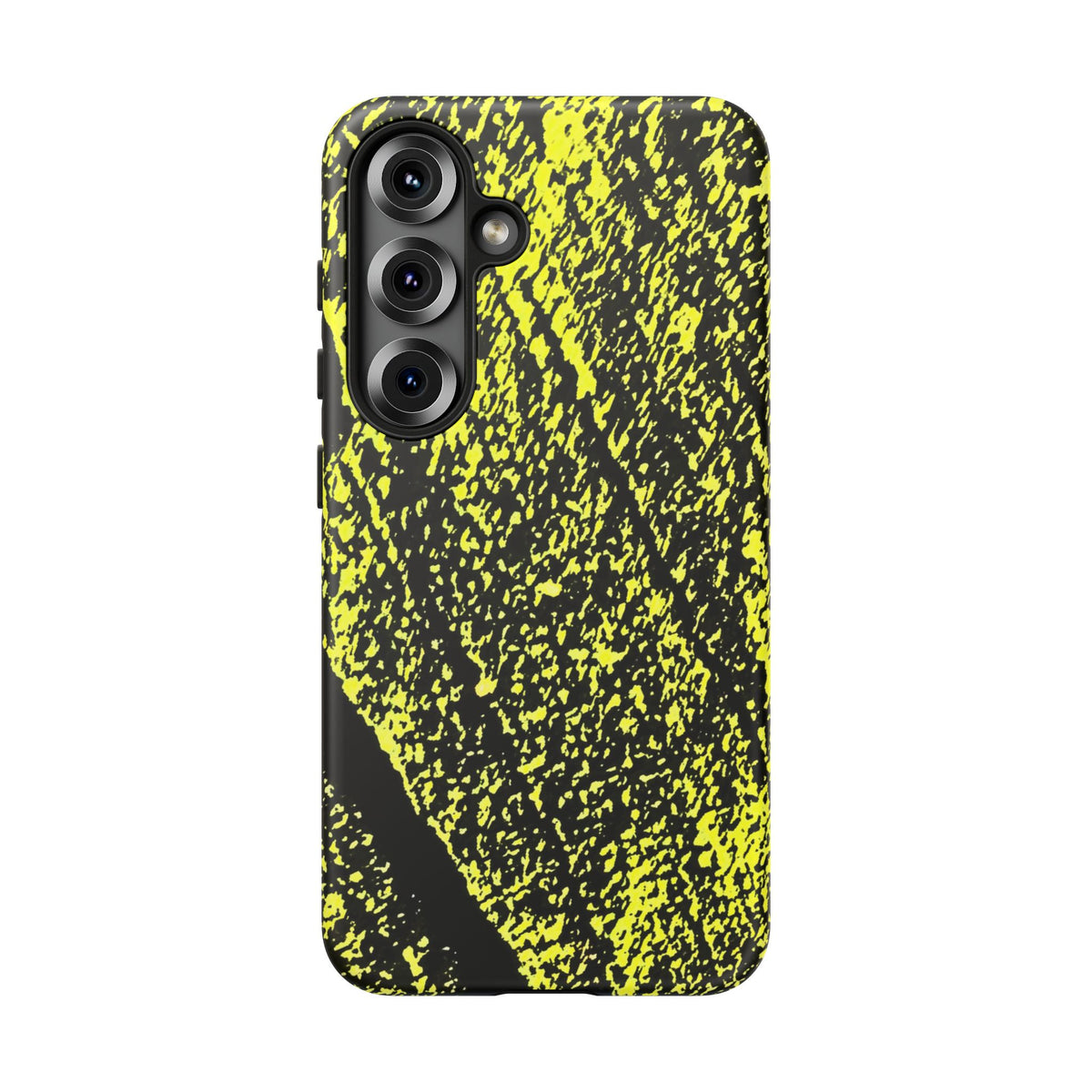 A protective phone case featuring a high-contrast black and neon yellow abstract textured pattern, shown on a plain white background.