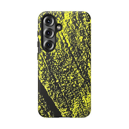 A protective phone case featuring a high-contrast black and neon yellow abstract textured pattern, shown on a plain white background.