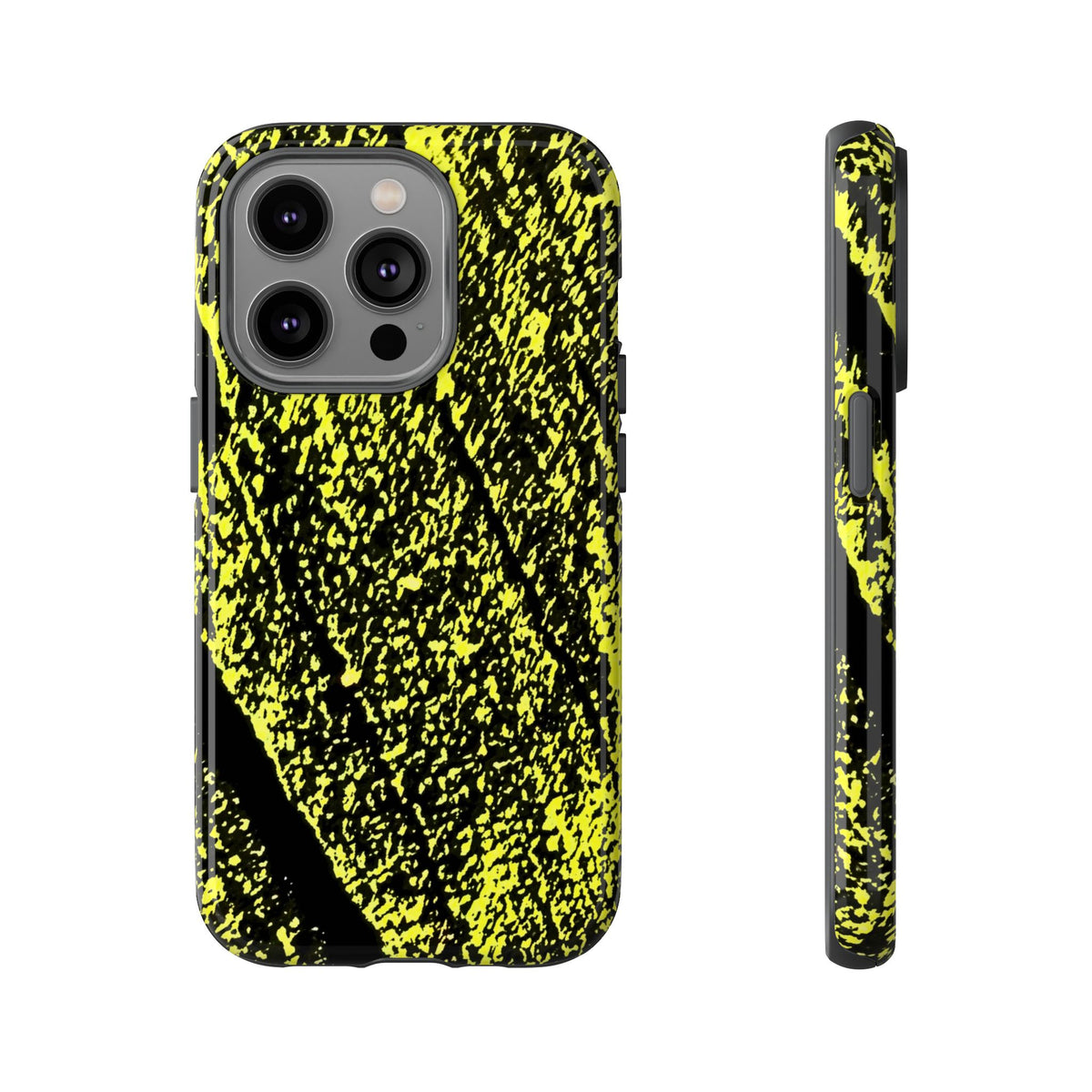 Bloom to Consume protective phone case featuring a black and toxic yellow organic decay pattern.