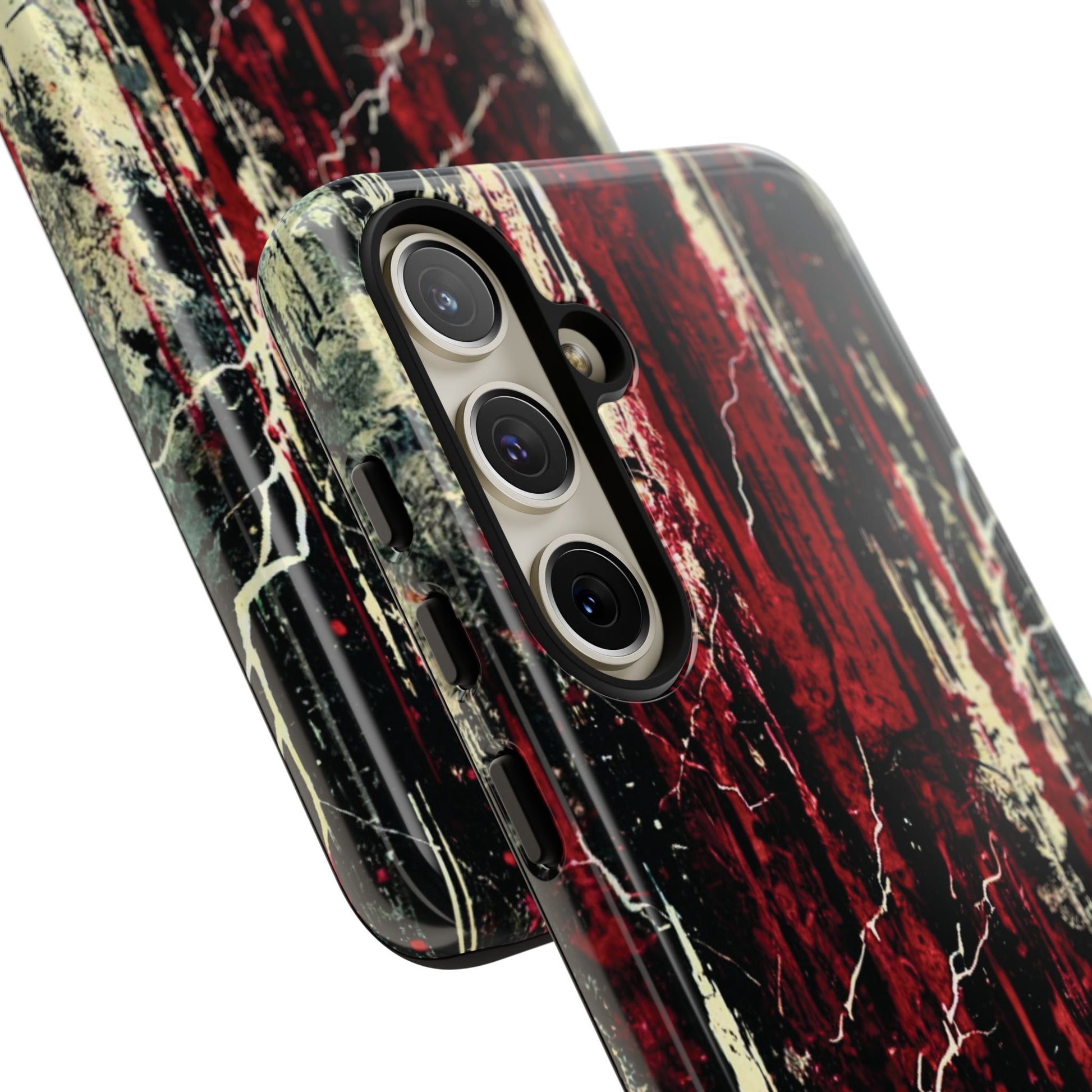 Corrosive impact-resistant phone case with distressed red, black, and bone-white design for iPhone, Samsung, and Google Pixel by NecroGrip.