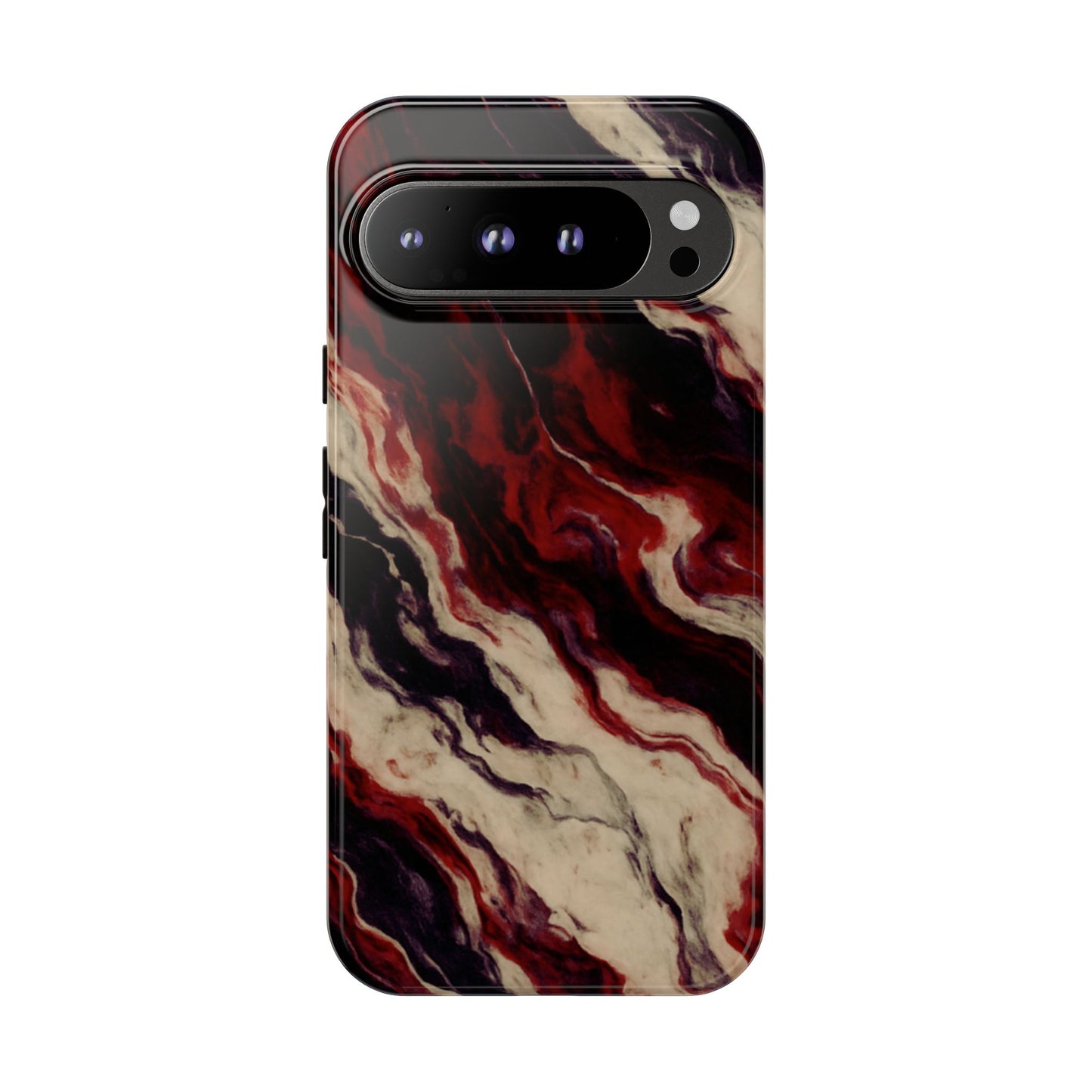 NecroGrip “Fascia” impact-resistant phone case with red, bone, and black marbled streaks, abstract muscle-like pattern on a slim dual-layer shell.