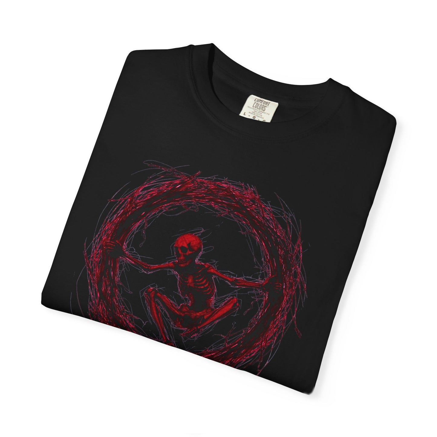 Black T-shirt with a red skeletal figure curled inside a chaotic crimson ring, printed on the chest.