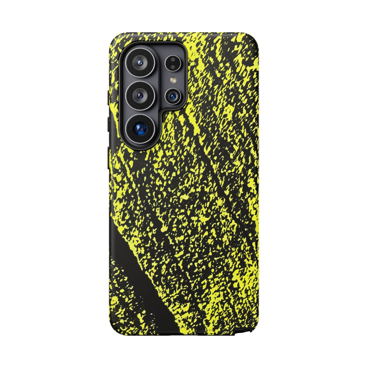 A protective phone case featuring a high-contrast black and neon yellow splatter pattern, shown on a plain white background.
