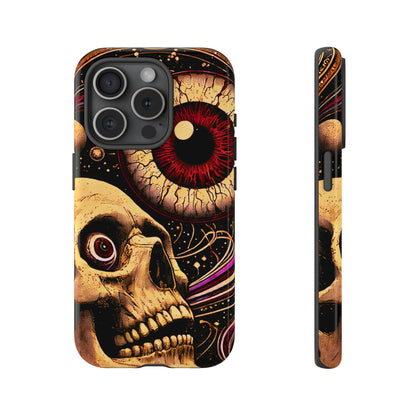 Impact-resistant tough phone case featuring a dark cosmic skull and eye design on a durable dual-layer shell by NecroGrip.