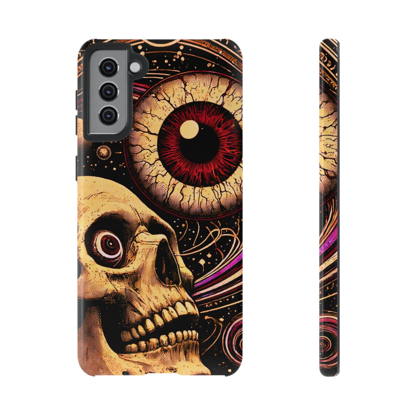 Impact-resistant tough phone case featuring a dark cosmic skull and eye design on a durable dual-layer shell by NecroGrip.