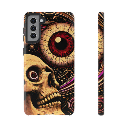 Impact-resistant tough phone case featuring a dark cosmic skull and eye design on a durable dual-layer shell by NecroGrip.