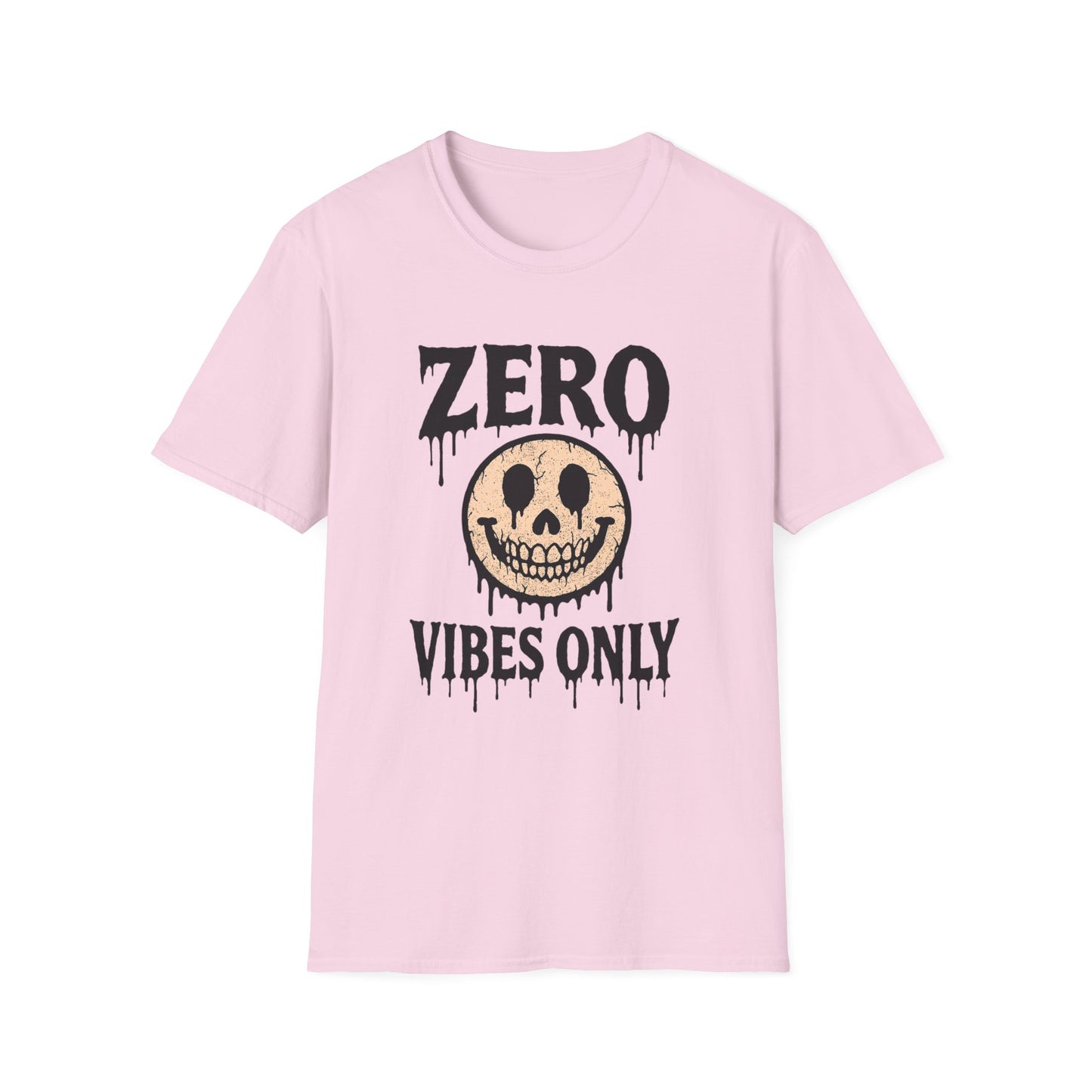 Zero Vibes Only pink Softstyle t-shirt with decayed smiley face graphic
