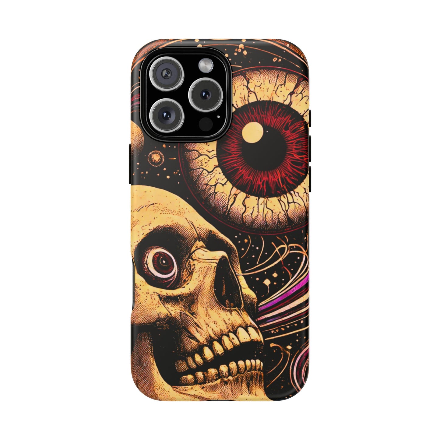 Impact-resistant tough phone case featuring a dark cosmic skull and eye design on a durable dual-layer shell by NecroGrip.