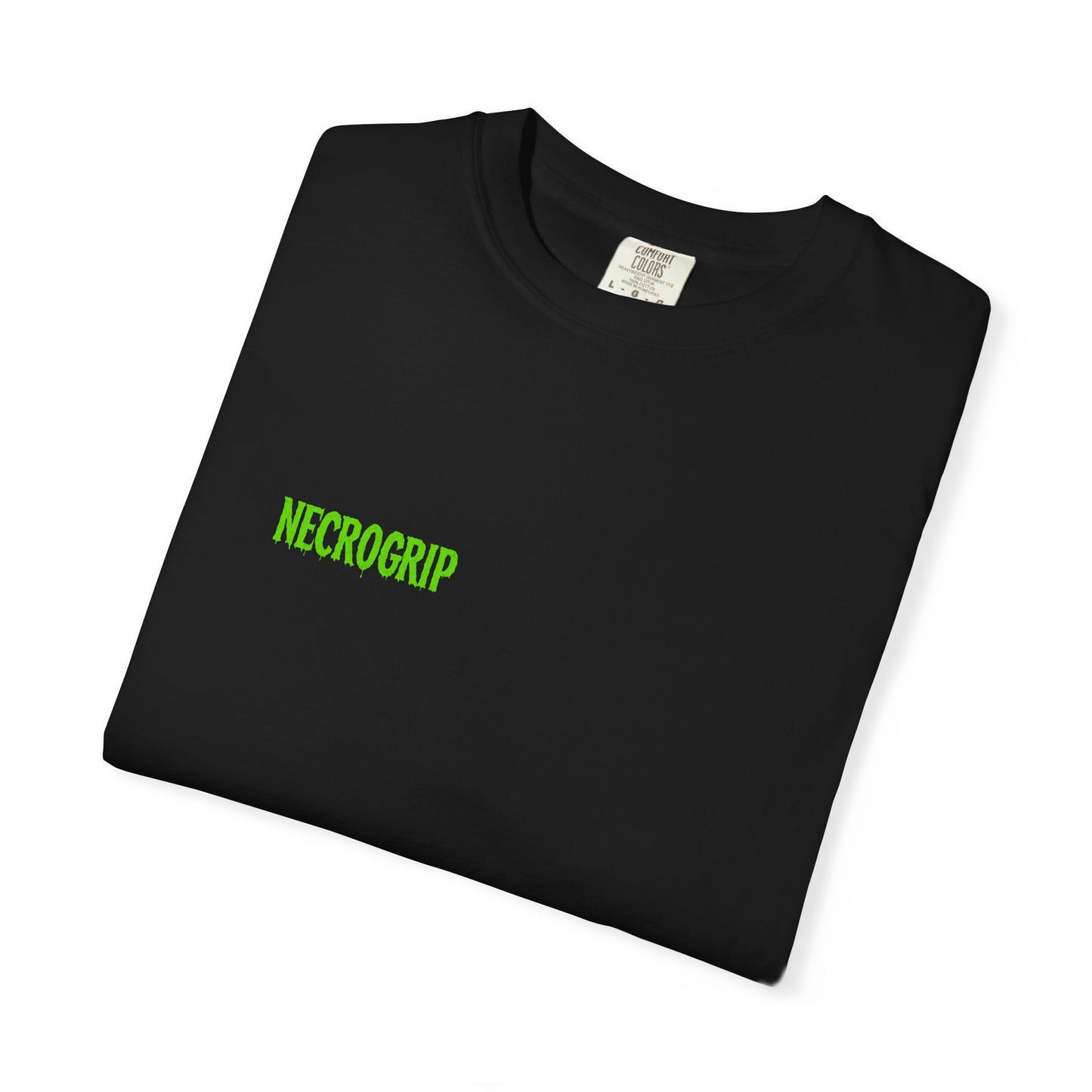Folded front of ROT STEADY Comfort Colors shirt showing subtle front logo detail on black cotton