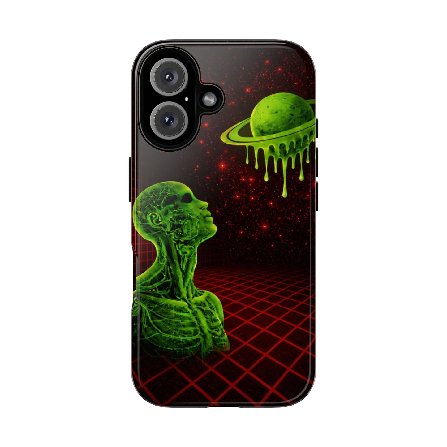 Glowing green anatomical bust gazing up at a dripping Saturn-like planet over a red grid and star-speckled space background on a black phone case.