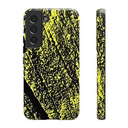 A phone case with a high-contrast black and neon yellow abstract textured pattern, shown from both a back view and a side profile view on a plain white background.