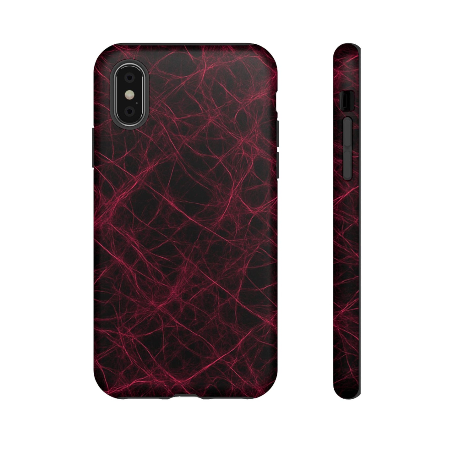 Phone case with red and black abstract pattern on a white background