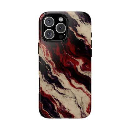 NecroGrip “Fascia” impact-resistant phone case with red, bone, and black marbled streaks, abstract muscle-like pattern on a slim dual-layer shell.