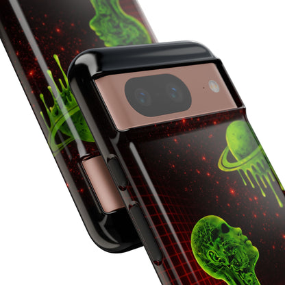 Glowing green anatomical bust gazing up at a dripping Saturn-like planet over a red grid and star-speckled space background on a black phone case.