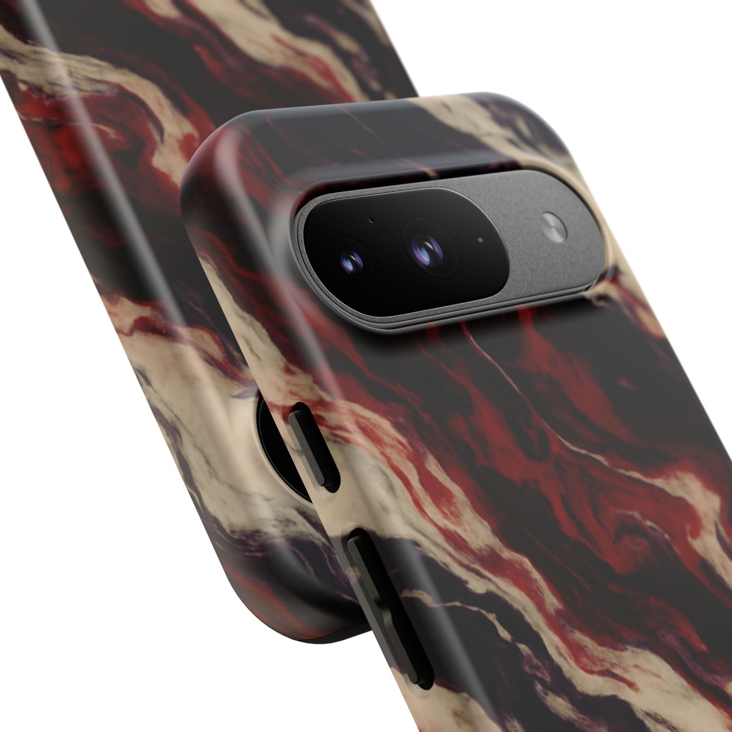 NecroGrip “Fascia” impact-resistant phone case with red, bone, and black marbled streaks, abstract muscle-like pattern on a slim dual-layer shell.