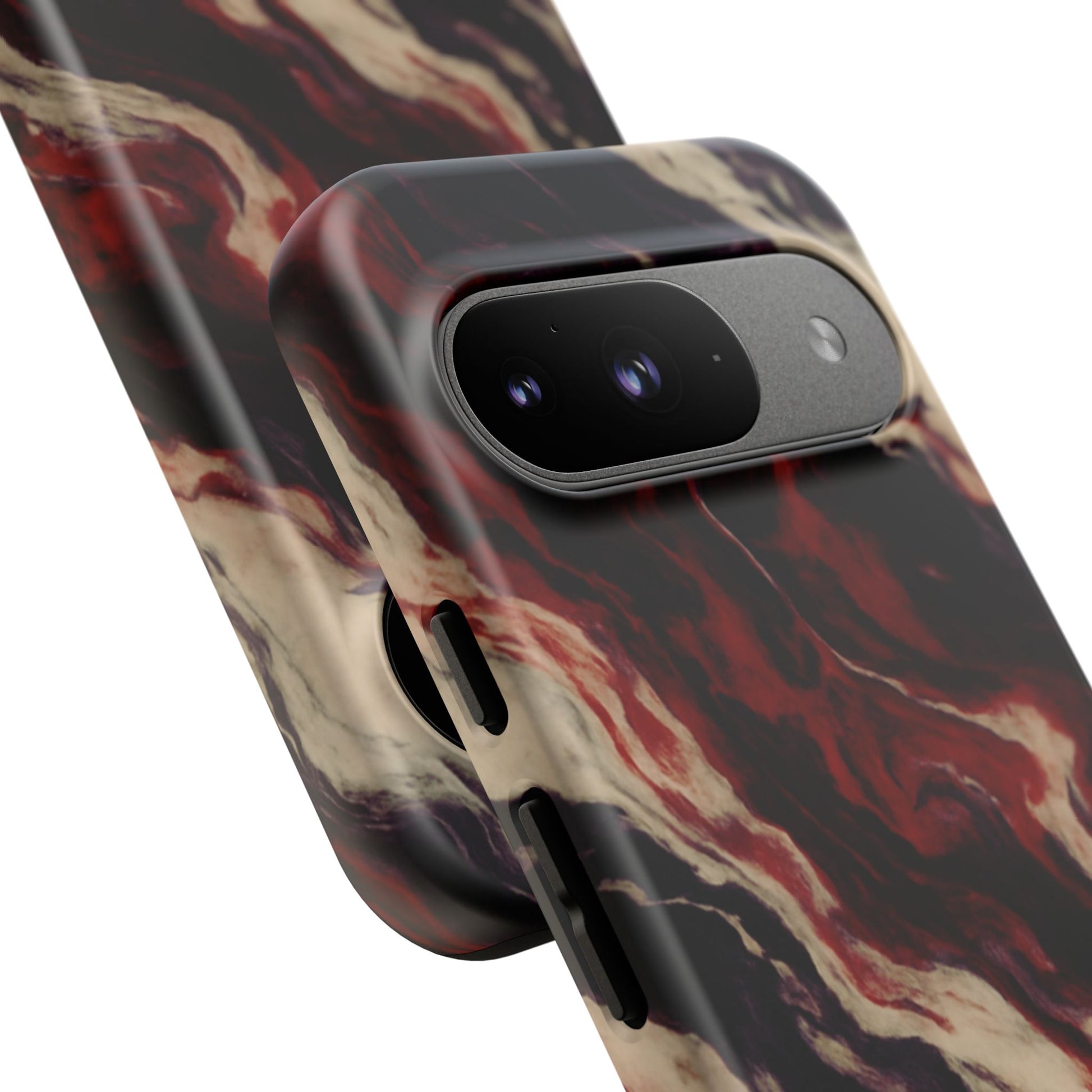 NecroGrip “Fascia” impact-resistant phone case with red, bone, and black marbled streaks, abstract muscle-like pattern on a slim dual-layer shell.