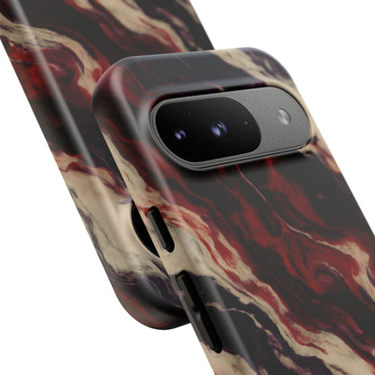 NecroGrip “Fascia” impact-resistant phone case with red, bone, and black marbled streaks, abstract muscle-like pattern on a slim dual-layer shell.