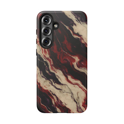 NecroGrip “Fascia” impact-resistant phone case with red, bone, and black marbled streaks, abstract muscle-like pattern on a slim dual-layer shell.