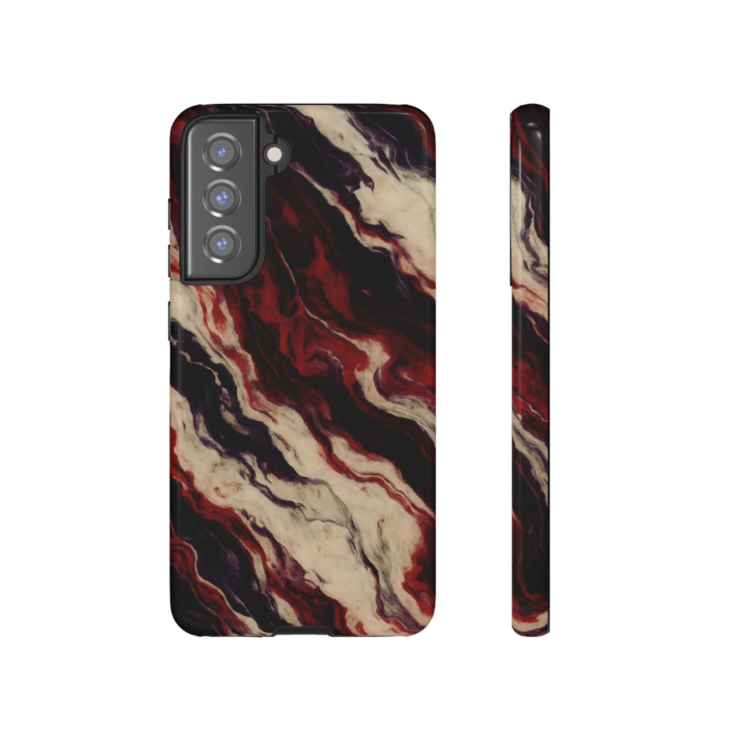 NecroGrip “Fascia” impact-resistant phone case with red, bone, and black marbled streaks, abstract muscle-like pattern on a slim dual-layer shell.