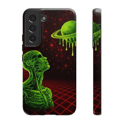 Glowing green anatomical bust gazing up at a dripping Saturn-like planet over a red grid and star-speckled space background on a black phone case.