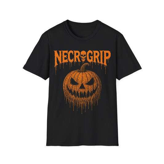 black Gildan Softstyle tee with a distressed pumpkin face graphic, gothic horror streetwear by NecroGrip.