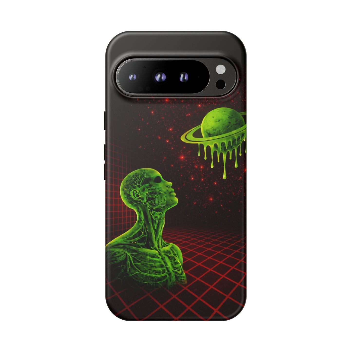 Glowing green anatomical bust gazing up at a dripping Saturn-like planet over a red grid and star-speckled space background on a black phone case.