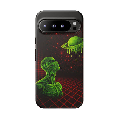 Glowing green anatomical bust gazing up at a dripping Saturn-like planet over a red grid and star-speckled space background on a black phone case.